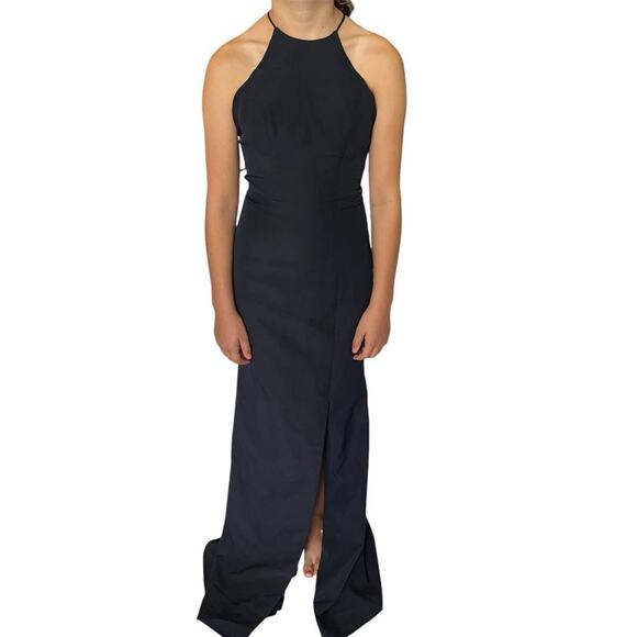 Bariano Navy Blue High-Neck Cross-Back Gown - Picture 1 of 3